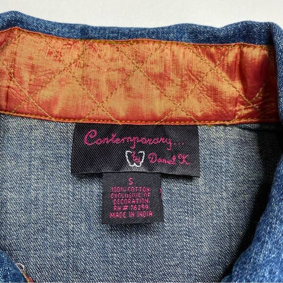 Vintage Bohemian Orange Jewel Button Blue Denim Trucker Jacket Sz S - Picture 15 of 16